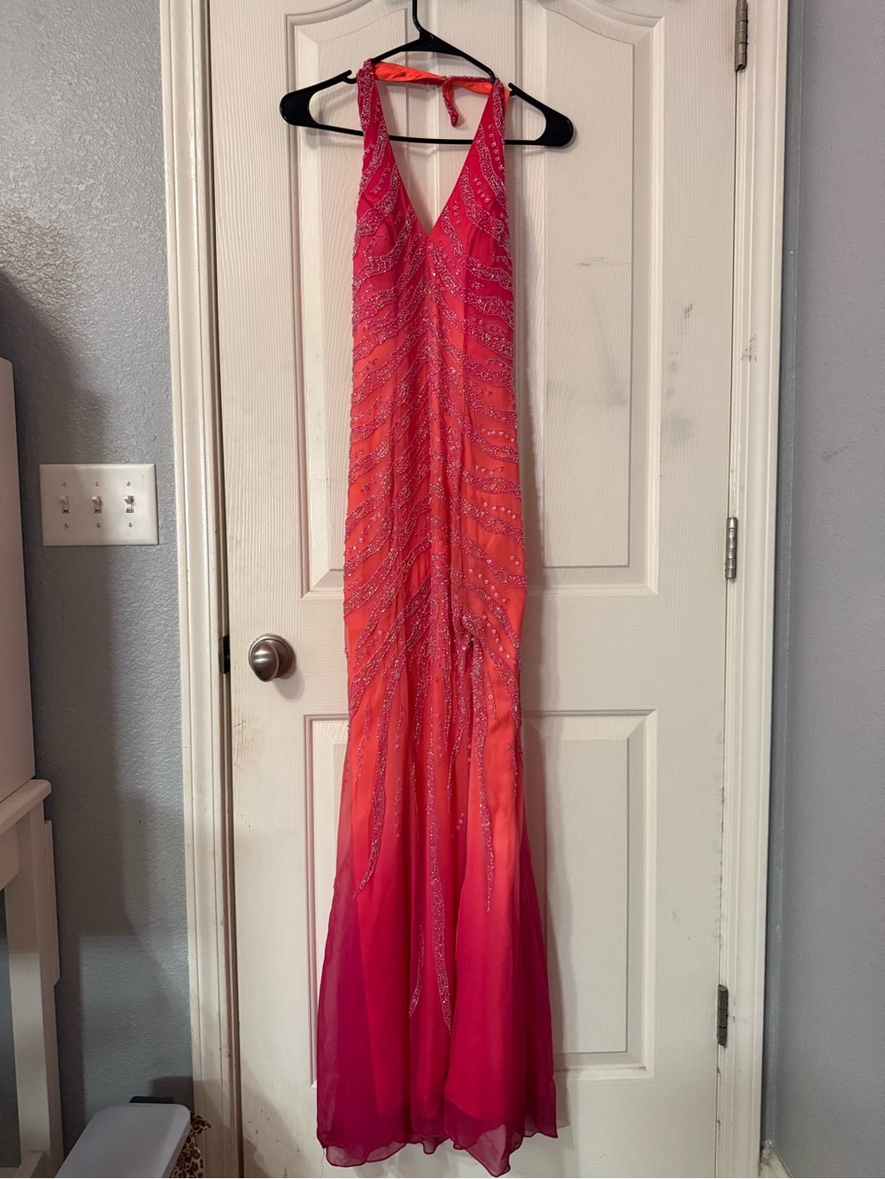 100% silk Beaded Halter Gradient Prom Dress in Pink and Orange